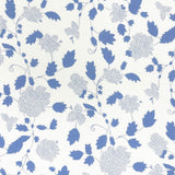Floral fabric printed on sustainable linen for interiors in blue color.