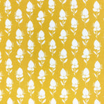 Floral fabric printed on sustainable linen for interiors in yellow color.