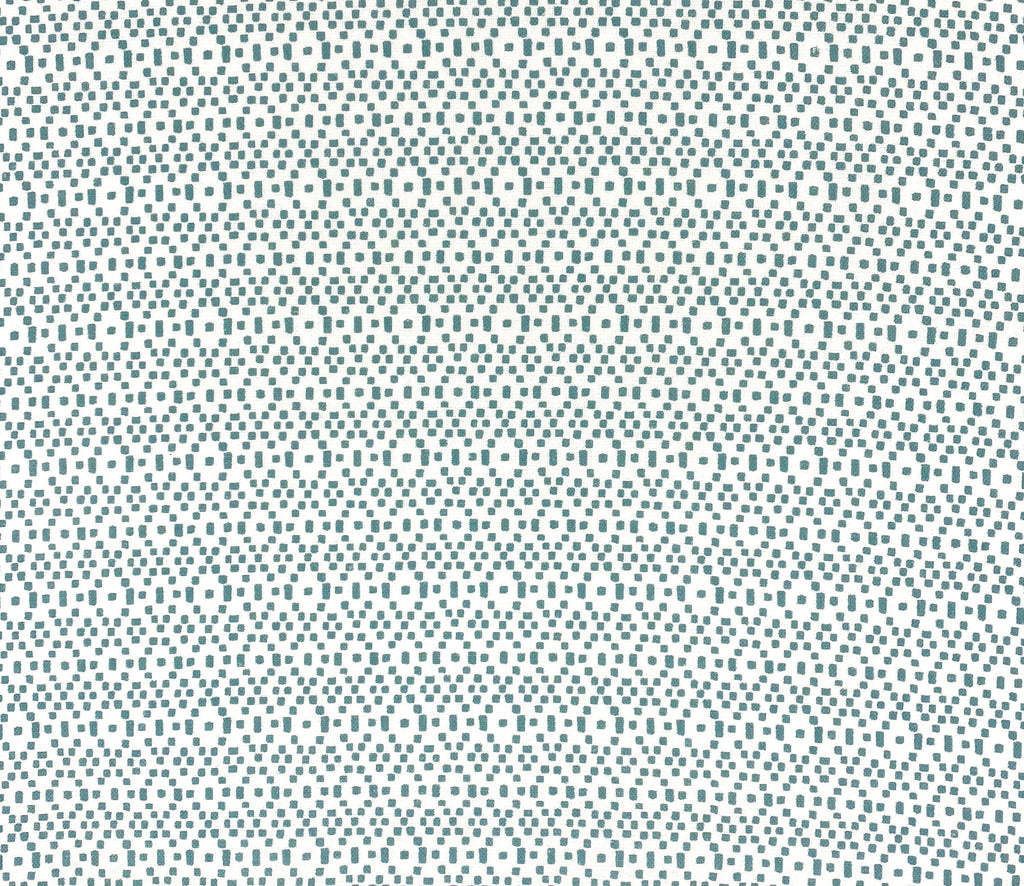 Geometric fabric printed on sustainable linen for interiors in duck blue color. 