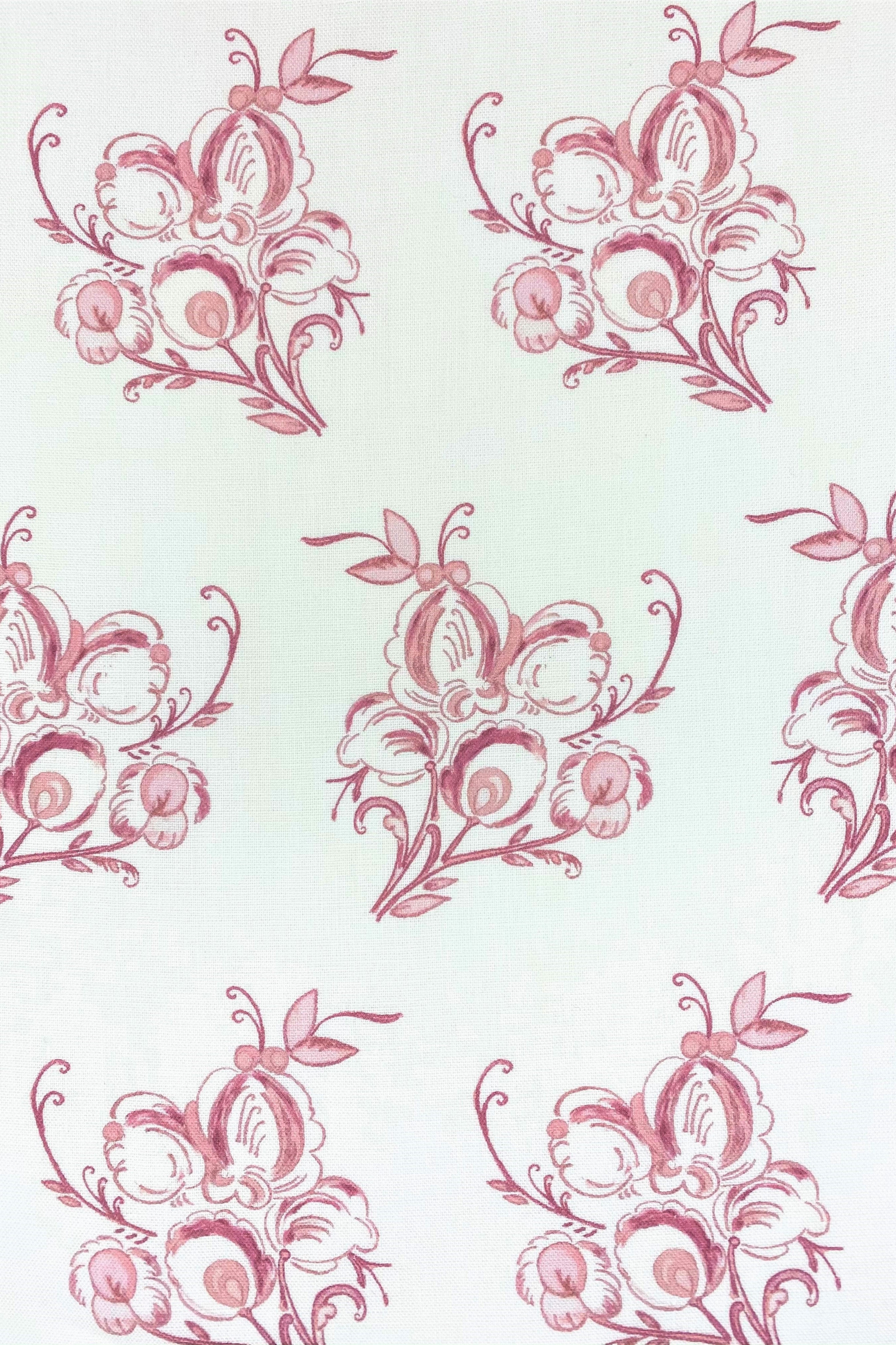 Floral fabric printed on sustainable linen for interiors in pink color.