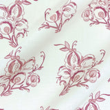 Floral fabric printed on sustainable linen for interiors in pink color.